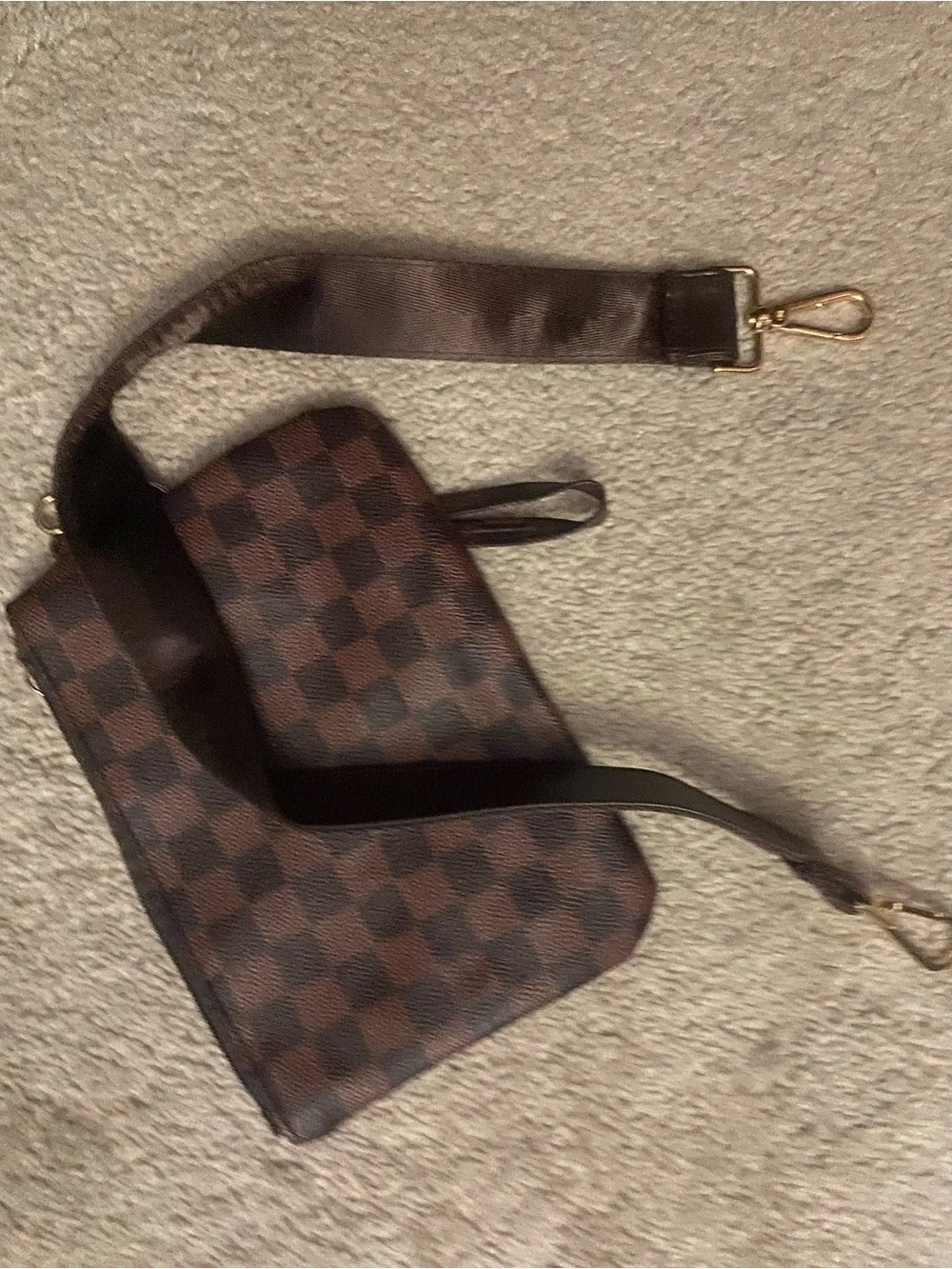 Brown Checkered Backpack with Gold Hardware